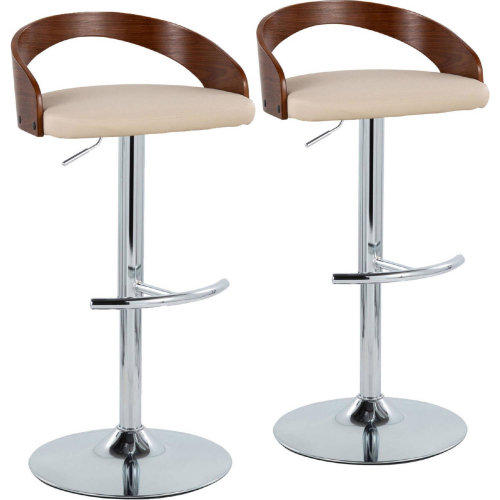 Grotto Adjustable Swivel Bar Stool in Chrome, Walnut Wood & Cream Leatherette (Set of 2)